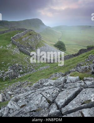 Blick auf Smearsett Narbe vom Pott Narbe über Feizor, Ribblesdale, Yorkshire Dales National Park, North Yorkshire, Großbritannien Stockfoto