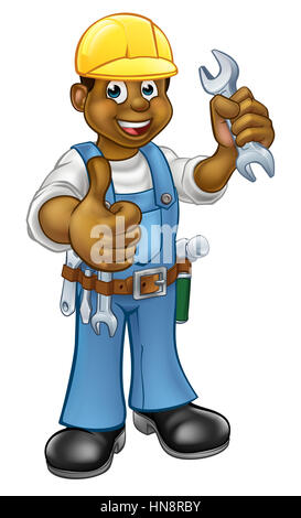 Schwarzen Mechaniker oder Klempner Handwerker Cartoon-Figur hält einen Schraubenschlüssel und geben einen Daumen nach oben Stockfoto