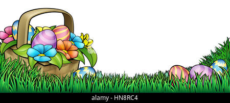 Ein Ostern Hintergrund Grenze Frame Footer einen Korb Wäschekorb und Easter Eggs in einem Frühling Feld Gras und Blumen Stockfoto
