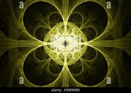 Runde gelbe Blütenblatt Design. Zusammenfassung Hintergrund. Auf schwarzem Hintergrund isoliert. Stockfoto