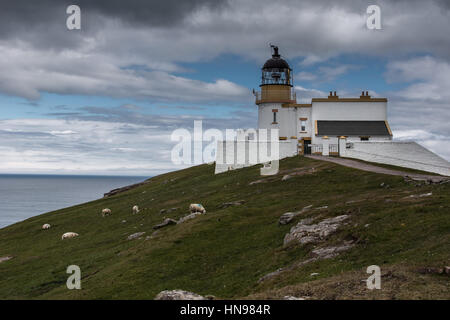 Assynt Halbinsel, Schottland - 7. Juni 2012: Stoer Head Leuchtturm Komplex am Op Klippen unter bewölktem Himmel mit Schafen an den grünen hängen. Weiß b Stockfoto