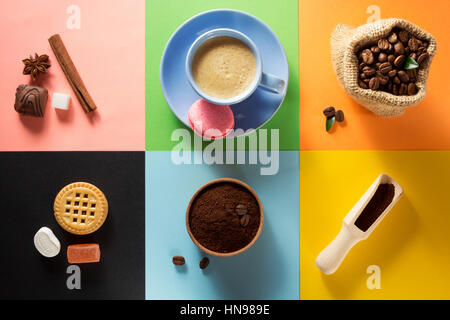 Tasse Kaffee und Zutaten auf farbigen Hintergrund Stockfoto