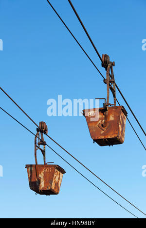 Eimer auf die Pendelbahn führt von der alten Kohle Bergwerk in Longyearbyen, Svalbard, Norwegen Stockfoto