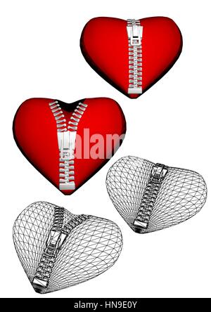 Set von Herzen mit Reißverschluss. Öffnungs- und verschlossenen Herzen mit Reißverschluss Stock Vektor