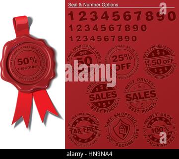 Wachssiegel EPS 10 geprägt. Alle vorgestellte Optionen sind auf separaten Layern. Wechseln Sie Layer ein- und ausschalten um das gewünschte Ergebnis auf Siegel, ribbo Stock Vektor