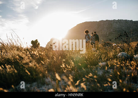 Junge Menschen zu Fuß auf Land. Gruppe von Freunden sind Wanderungen in der Natur an einem sonnigen Tag. Stockfoto