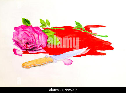 Die Rose und die Messer liegen in einem Blut-Pool. Die Abbildung von einem Aquarell und Bleistift ausgeführt. Stockfoto