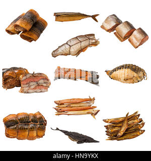 Reihe von unterschiedlichen Fischkonserven. isoliert auf weißem Hintergrund Stockfoto