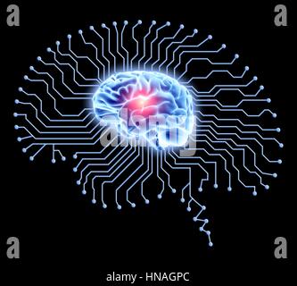 Menschliche Gehirn auf Gehirn-förmigen Leiterplatte. Konzeptionelle Computer Grafik Darstellung künstlicher Intelligenz. Stockfoto