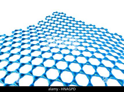 Graphene Blatt. Abbildung der molekularen Struktur von Graphen, eine einzelne Schicht aus Graphit atomarer Skala. Es besteht aus Hexagonal angeordneten Kohlenstoffatome durch starke kovalente Bindungen miteinander verbunden. Graphen ist sehr stark und flexibel. Es transportiert Elektronen hocheffizient und vielleicht eines Tages ersetzen Silizium in Computer-Chips und andere Anwendungen. Stockfoto