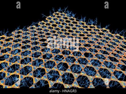 Graphene Blatt. Abbildung der molekularen Struktur von Graphen, eine einlagige hexagonale Graphit atomarer Skala. Es besteht aus Hexagonal angeordneten Kohlenstoffatome durch starke kovalente Bindungen miteinander verbunden. Graphen ist sehr stark und flexibel. Es transportiert Elektronen hocheffizient. Die zugrunde liegenden Blitze zeigen diese Fähigkeit. Eines Tages Graphen meine ersetzen Silizium in Computer-Chips und andere Anwendungen. Stockfoto