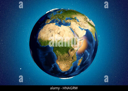 Erde aus dem Weltraum. Computer Bild zeigt die Erde aus dem Weltraum gesehen mittig über Afrika. Europa (oben) und Naher Osten (oben rechts) zu sehen. Stockfoto
