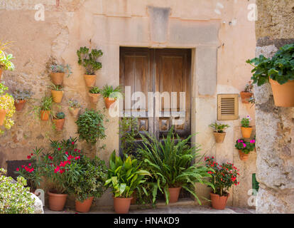 Tür mit Blumen in mediterranen Dorfes Stockfoto