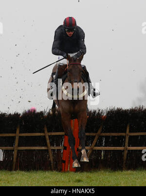 High Bridge geritten von Herrn Alex Ferguson löscht den letzten Flug vor dem Schlafengehen auf die Read Paul Nicholls Exclusivelely bei Betfair Novizinnen Hürdenrennen laufen bei Betfair Super Samstag um Newbury Racecourse gewinnen. Stockfoto