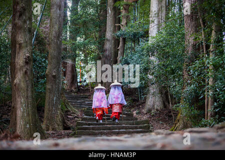 Pilger in historischen Kostümen Heian, Daimon-Zaka Hang, Zugriff am Kumano Nachi Taisha Grand Shire, Kumano Kodo, Nakahechi route, Wakayama, Kinki, Japa Stockfoto