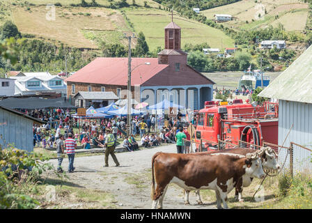 Minga in Chiloé in Chile. Liucura, Insel Lemuy, Archipel von Chiloé. Zeugnis der Kultur, die noch in einigen weit entfernten Orten von Chile andauert. Stockfoto