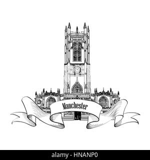 Reisen England unterzeichnen. der Kathedrale von Manchester, UK, Great Britan. englische Stadt berühmten Gebäude. Vektor label isoliert. Stock Vektor