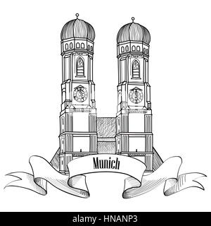 Munich City label. München Dom, Liebfrauenkirche in München/Deutschland Emblem. Bayern Kapital unterzeichnen. Stock Vektor