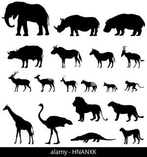 Afrikanische Tiere Silhouetten. Vektor Tiere der tropischen Zone icons Collection. Stock Vektor
