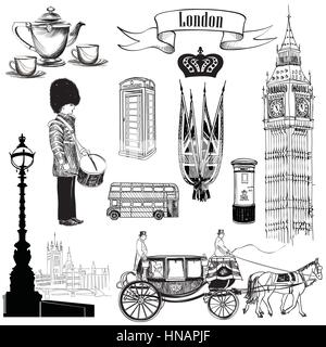 Englisch Icon Set. London, England, UK, Europa. Handzeichnung vintage Abbildung auf weißen Hintergrund. Stock Vektor