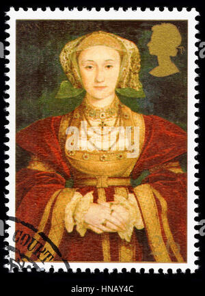 Vereinigtes Königreich - CIRCA 1997: verwendete Briefmarke gedruckt in Großbritannien zum Gedenken an König Henry 8. zeigt Anne von Kleve eine seiner vielen Frauen Stockfoto