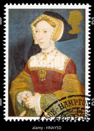 Vereinigtes Königreich - CIRCA 1997: verwendete Briefmarke gedruckt in Großbritannien zum Gedenken an König Henry 8. zeigt Jane Seymour eine seiner vielen Frauen Stockfoto