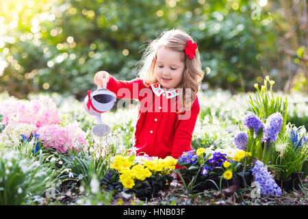 Kinder Pflanzen Frühlingsblumen im sonnigen Garten. Kleines Mädchen Gärtner Pflanzen Hyazinthen, Narzissen, Schneeglöckchen im Blumenbeet. Gartengeräte und Wasser können f Stockfoto