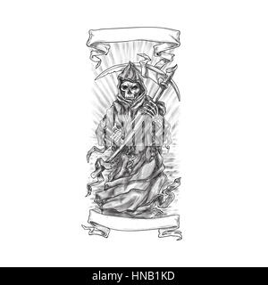 Tattoo Art Illustration der Sensenmann Sense mit Scroll-Band am isolierten weißen Hintergrund von vorne betrachtet hält. Stockfoto