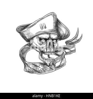 Tattoo Stil Abbildung eines Schädel-Patrioten Hut von vorne mit USA Sterne betrachtet und Streifen Band-Flag gesetzt auf isolierten weißen Hintergrund. Stockfoto