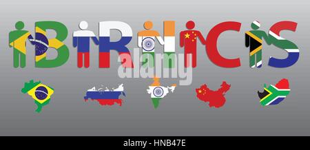BRICS. Völker und Buchstaben in den Farben der Flagge und Karte. Brazilien. Russland. Indien. China. Südafrika. Stock Vektor