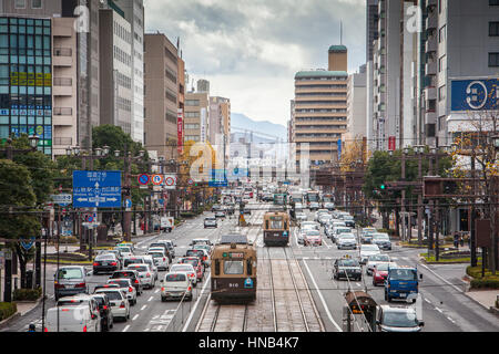 Trolley, Trolleys, Straßenbahn, Street Scene, Rijo dori Ave, Hiroshima, Japan Stockfoto