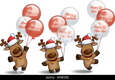 Satz von drei Posen-Themen einer Cartoon-Illustration von einem Weihnachten Elch mit einem Haufen Luftballons "Merry Christmas" und "Happy New Year" zu schreiben. EAC Stock Vektor