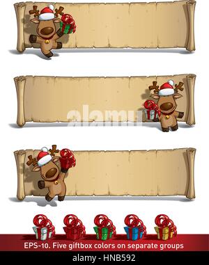 Satz von 3 Posen-Themen einer Cartoon-Illustration von einem Weihnachten Elch hält ein Geschenk in Wedel eines Scroll-alten Papyrus-Labels gegen weiß. Jede Pose auf s Stock Vektor