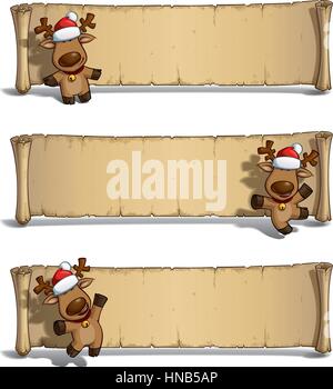 Satz von drei Cartoon Illustrationen von einem Santa Elch hält ein Geschenk in drei Posen-Themen gegen weiß. Jede Pose auf separaten Ebene. Alle Geschenk-Farben ein Stock Vektor