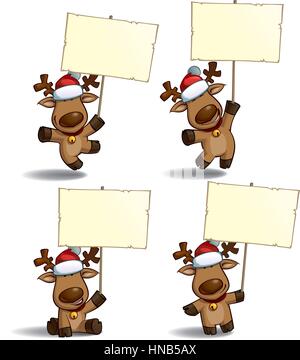 Legen Sie einen Cartoon Illustrationen Weihnachten Elch hält ein Plakat in 4 Stellungen-Themen. Jede Pose auf separaten Ebene. Stock Vektor