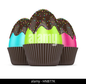 3D-Rendering von Ostereiern mit Schokoladenglasur und Streusel Muffin Papiere Stockfoto