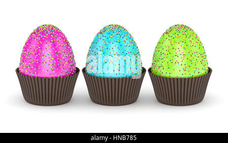 3D-Rendering von Ostereiern mit Streusel Muffin Papiere isoliert auf weißem Hintergrund Stockfoto