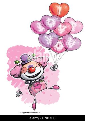 Cartoon/künstlerische Darstellung eines Clowns mit Herz Ballons sagen ich liebe dich - Mädchen-Farben Stock Vektor