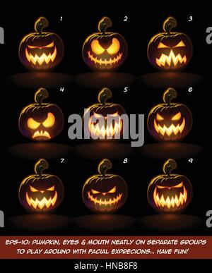 Vektor-Icons von ein Aufhellen Jack O Lantern Leuchten im Dunkeln in 9 beängstigend ausdrücken. Jeder Ausdruck auf separaten Ebene. Kürbis, Augen, Mund, Leuchten und Stock Vektor