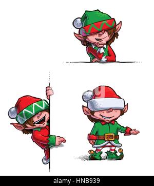 Satz von 3 Themen Cartoon Illustrationen des Weihnachtsmanns Elfen auf Emty Etikett zeigt. Jede Pose auf separaten Ebene. Stock Vektor