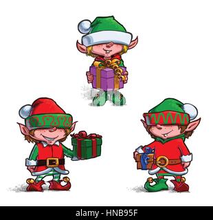 Satz von 3 Posen der Cartoon Illustrationen Santa Elfs. Jede Pose auf separaten Ebene. Stock Vektor