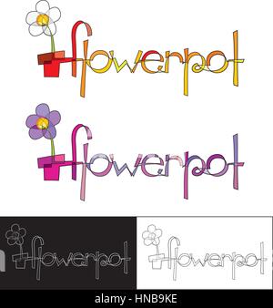 Logo-Design mit einem Blumentopf, erstellt von einer geschlossenen Linie und Formen, die es schafft in zwei Varianten gefärbt; eine gelbe und eine lila. Stock Vektor