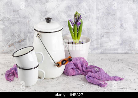 Zwei weiße Emaille Becher weiße Dose und blühende Blume Hyazinthe im Topf auf hellem Hintergrund Stockfoto