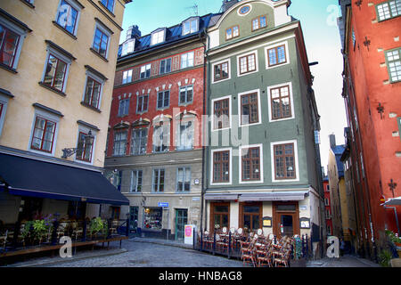 STOCKHOLM, Schweden - 19. August 2016: Cafés und Restaurants am Platz Stortorget (Gamla Stan). Stortorget ist einer der wichtigsten Plätze in der Stockfoto