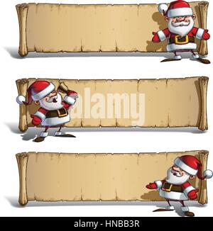 Satz von vector Cartoon Illustrationen für ein Lächeln, glücklich Weihnachtsmann präsentieren und kündigt Weihnachten vor ein Alter leeren Blättern. Alle Elemente Stock Vektor