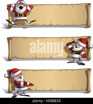 Satz von vector Cartoon Illustrationen ein Lächeln, glücklich Santa Claus feiern Weihnachten und vor eine alte leere Schriftrolle zu präsentieren. Alle element Stock Vektor