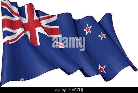 Vektor-Illustration einer wehenden Fahne Neuseeland. Alle Elemente übersichtlich organisiert. Linien, Schattierungen & Flagge Farben auf verschiedenen Ebenen für die einfache Bearbeitung. Stock Vektor
