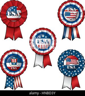Satz 5 austauschbare Bänder und Knöpfe auf "USA" unterworfen.  Jedes der 5 Elemente auf separaten Layern. In jeder Schicht sind "Band" und "Knopf" am sep Stock Vektor