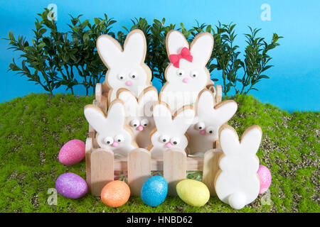 Easter Bunny Zuckergebäck hausgemachte bedeckt im Hause gemacht Marshmallow Fondant, dekoriert mit Candy-Augen, Nase, Füße und Bogen. Große und kleine Hasen. Stockfoto