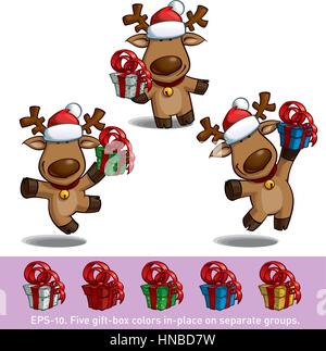 Satz von drei Cartoon Illustrationen von einem Santa Elch hält ein Geschenk in drei Posen-Themen. Jede Pose auf separaten Ebene. Alle Geschenk-Farben sind im Ort in Stock Vektor